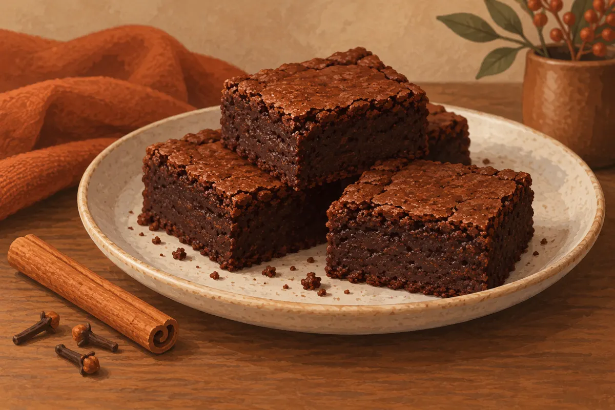 Kawałki brownie piernikowego z wilgotnym środkiem, obok cynamon i goździki