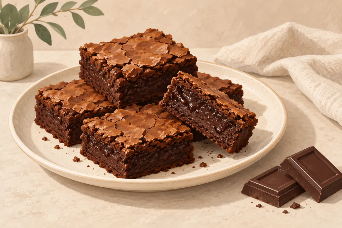 Kawałki czekoladowego brownie z wilgotnym środkiem i cienką skórką.