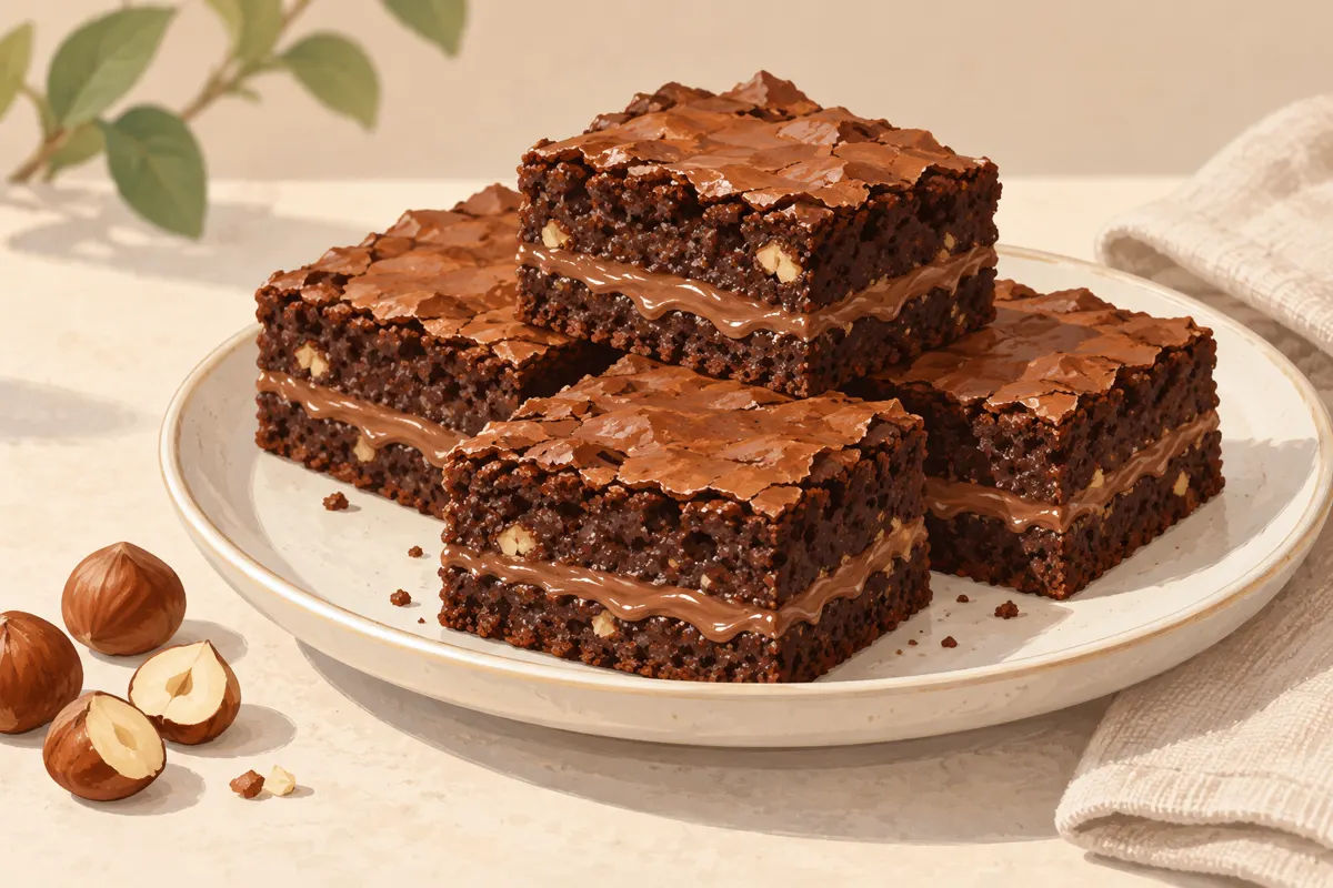 Kawałki brownie z kremem orzechowo-kakaowym i orzechami laskowymi