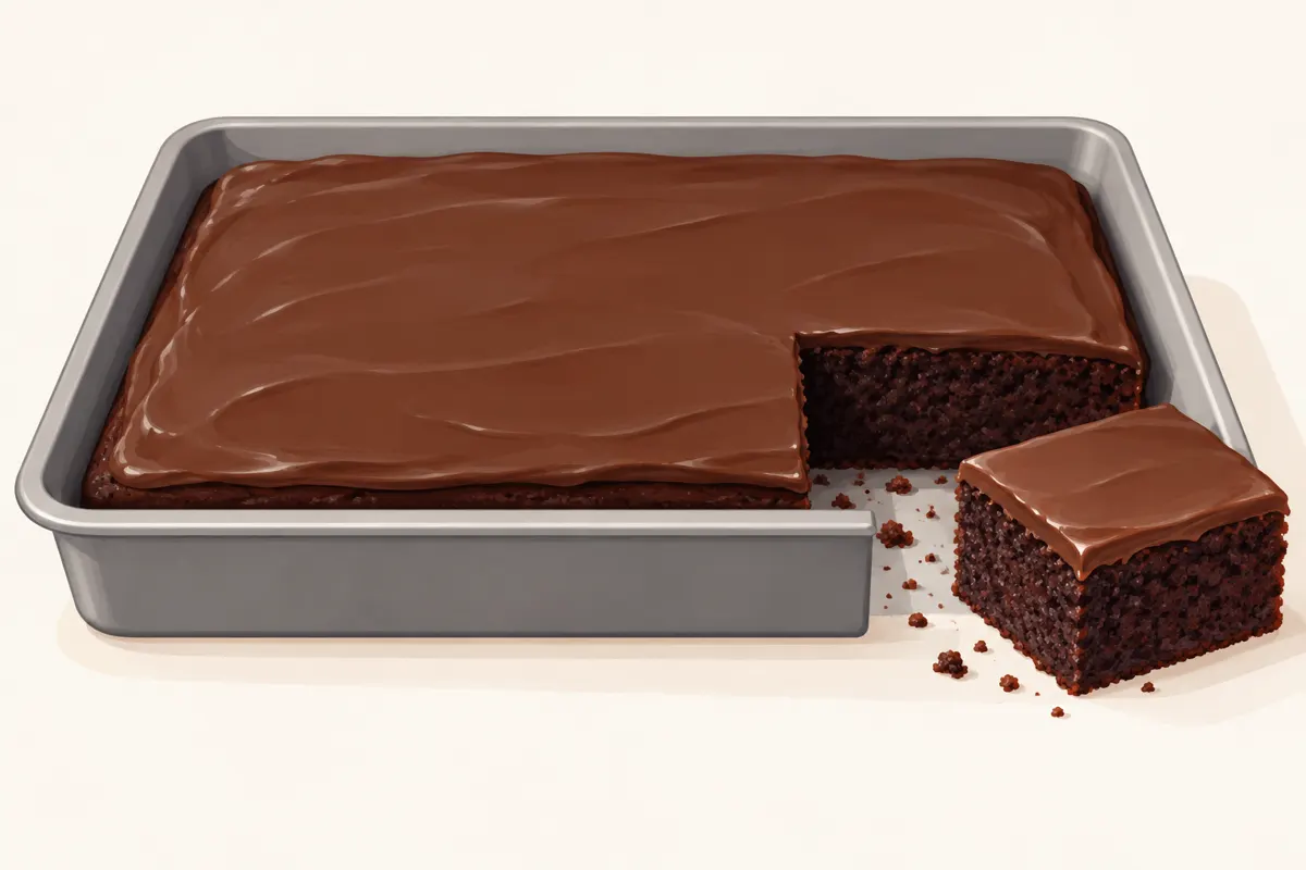 Ciasto czekoladowe na dużej prostokątnej blasze z wyciętym kawałkiem