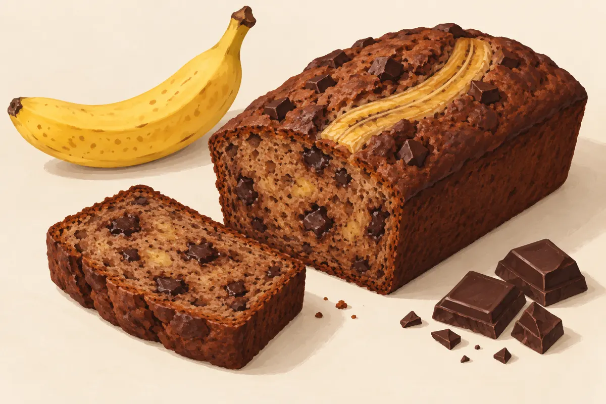 Ciasto czekoladowo-bananowe z odkrojonym plastrem, bananem i kawałkami czekolady.