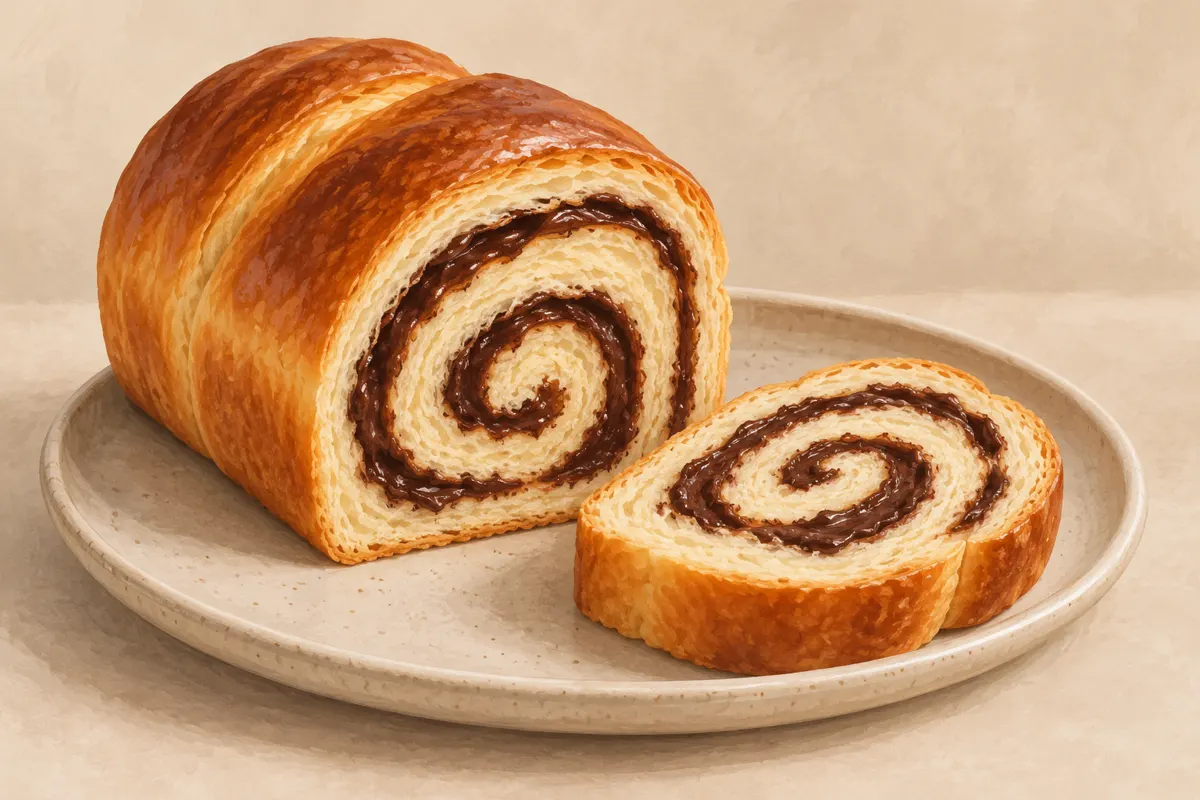 Rolada drożdżowa z czekoladowym nadzieniem i kromka pokazująca spiralę.