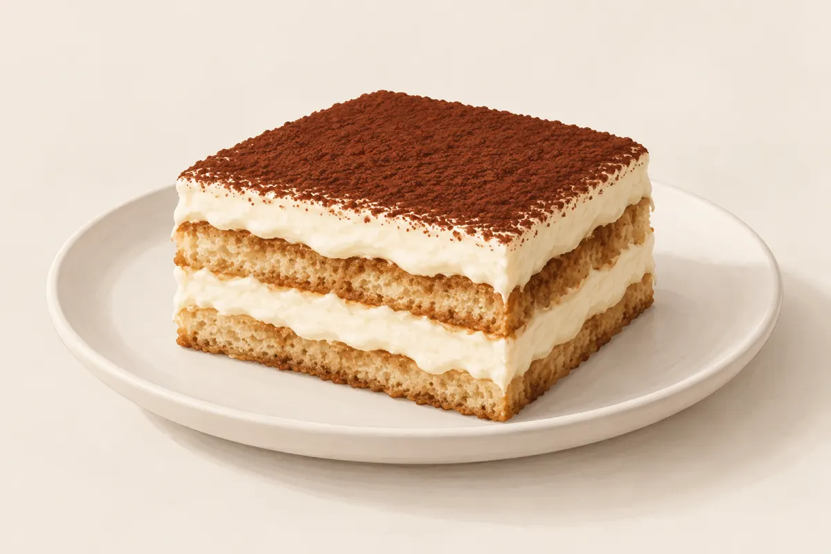 Kawałek ciasta tiramisu na biszkopcie z kremem mascarpone i kakao