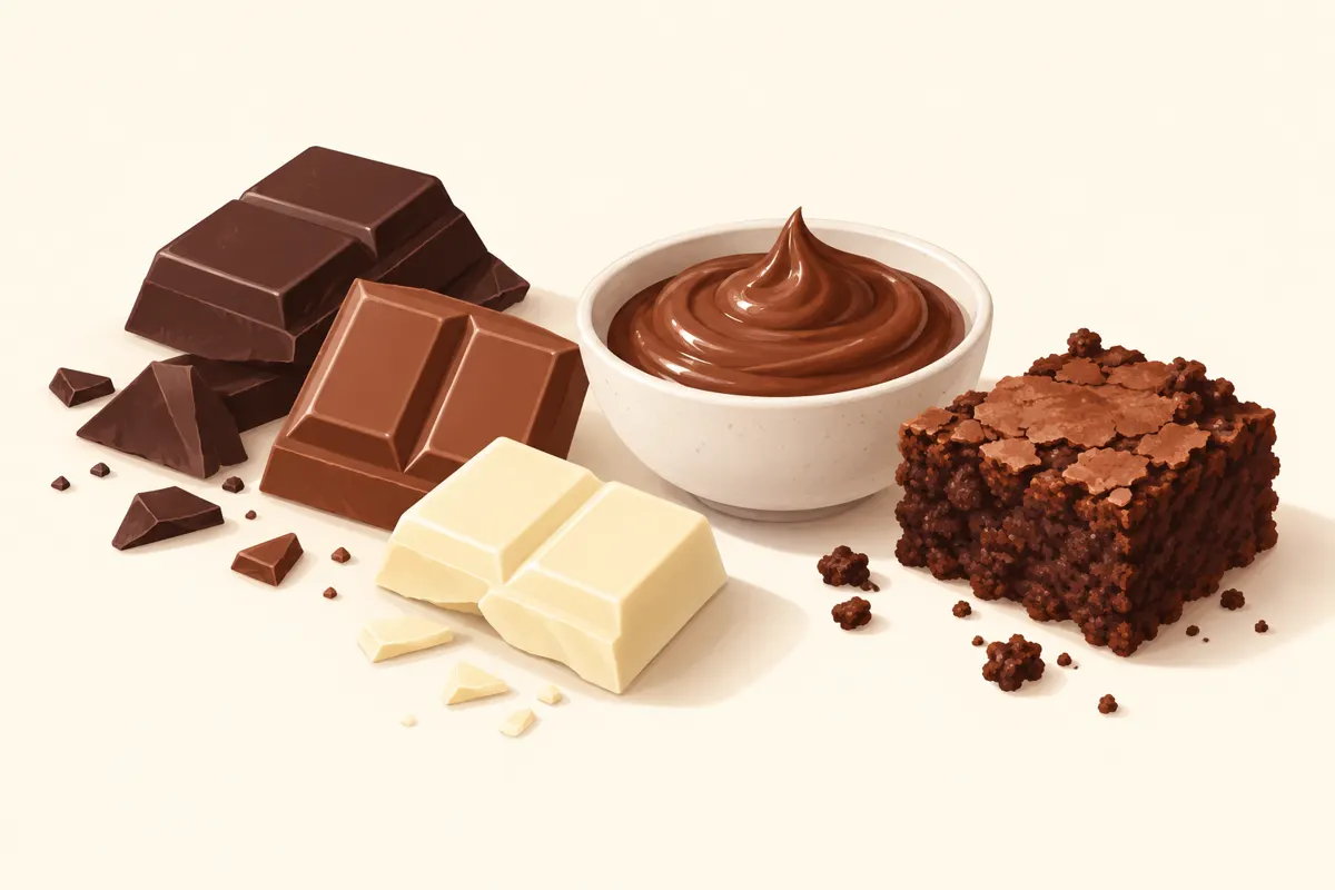 Gorzka, mleczna i biała czekolada obok kremu czekoladowego i brownie