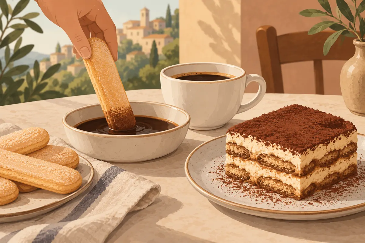 Czarna kawa i biszkopty przygotowane do nasączania tiramisu