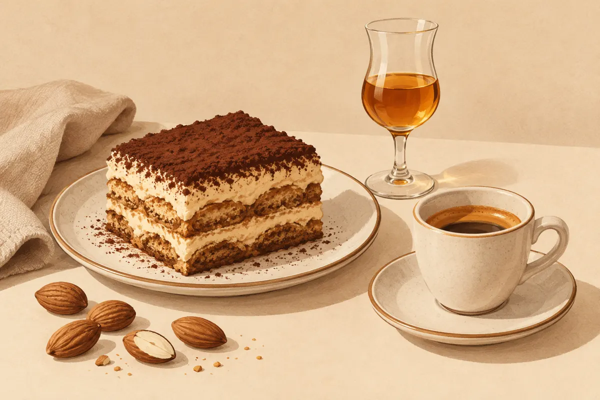 Ilustracja tiramisu z espresso, migdałami i likierem