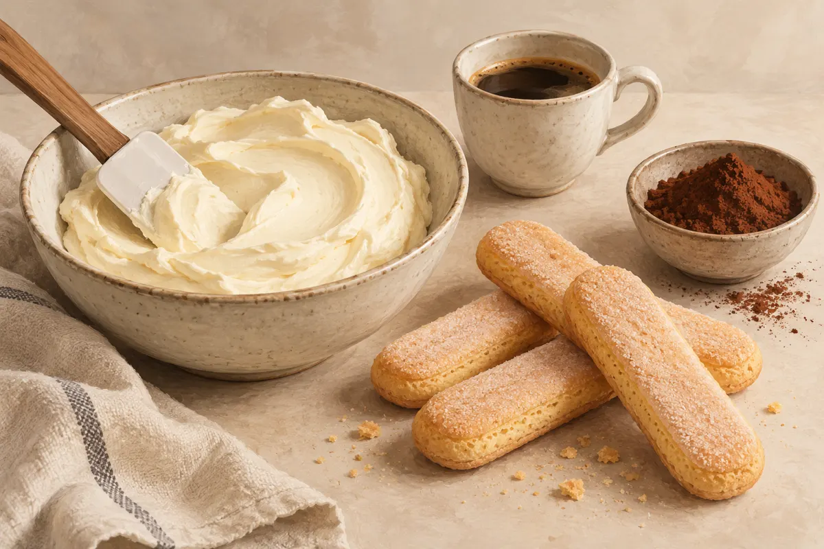 Krem z mascarpone w misce obok biszkoptów, kawy i kakao