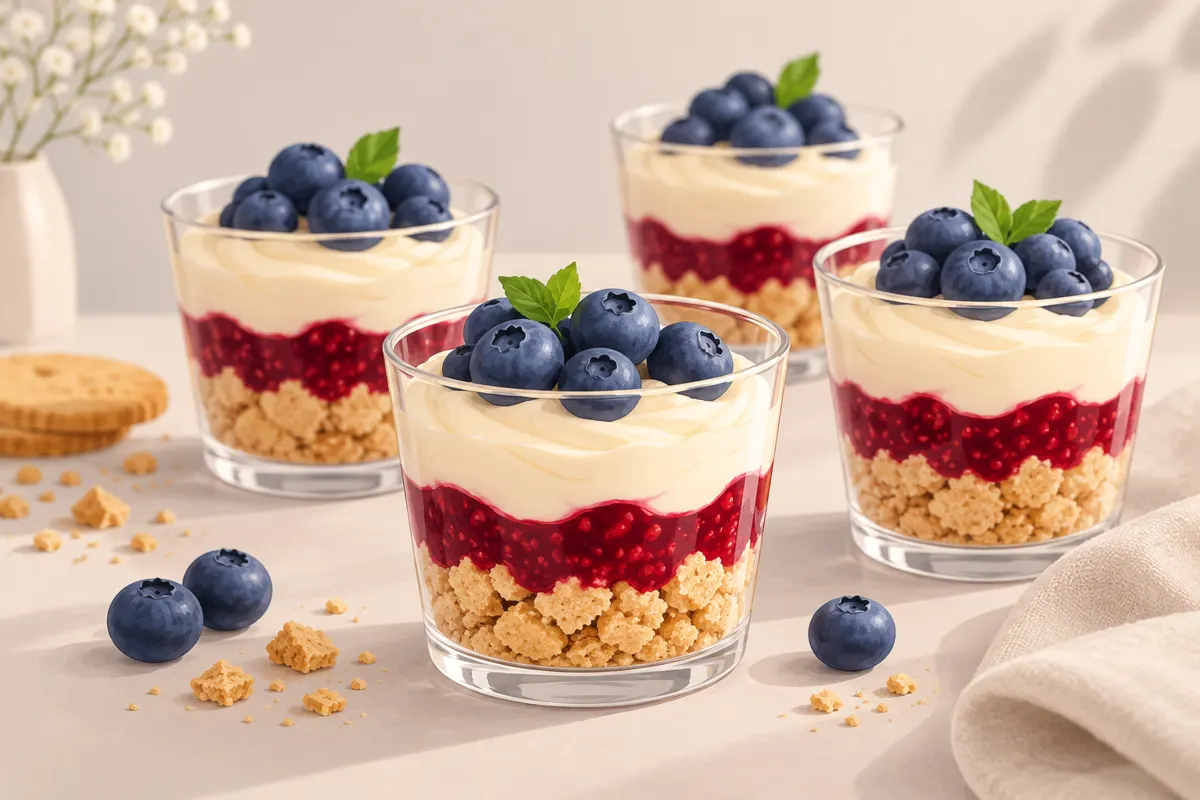 Mini deserki w przezroczystych pucharkach z ciasteczkami, owocową warstwą i jasnym kremem.