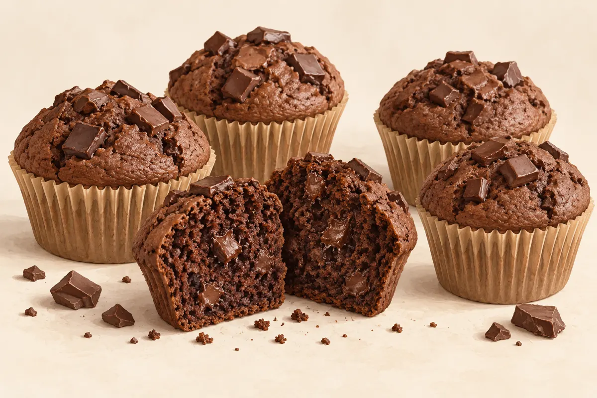 Muffiny czekoladowe z kawałkami czekolady i przekrojonym muffinowym środkiem