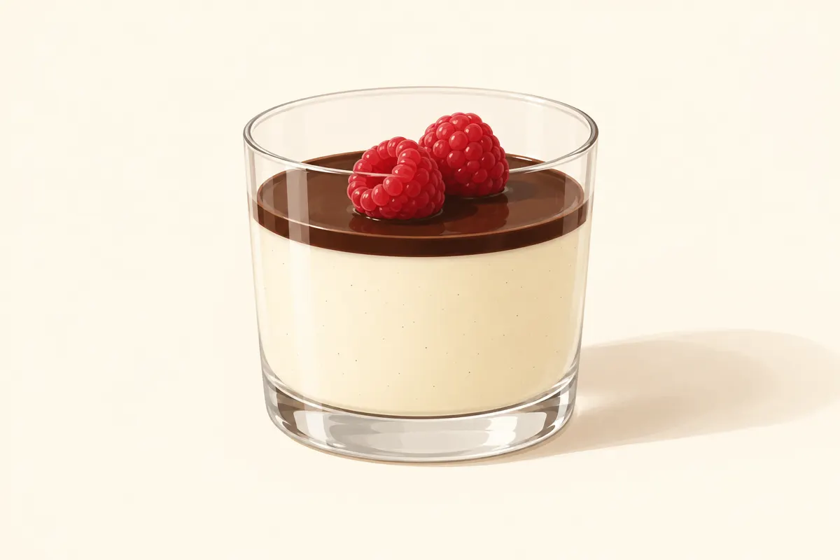 Waniliowa panna cotta w szklance z sosem czekoladowym i malinami.