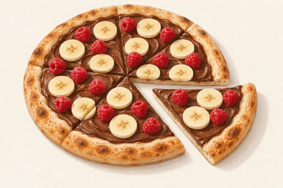 Pizza czekoladowa z plasterkami banana i malinami