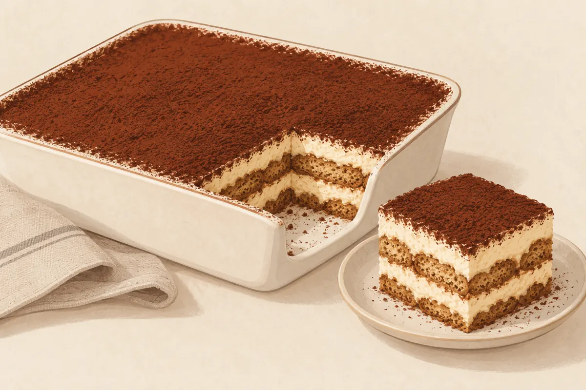 Tiramisu w prostokątnej formie z widocznymi warstwami biszkoptów i kremu mascarpone