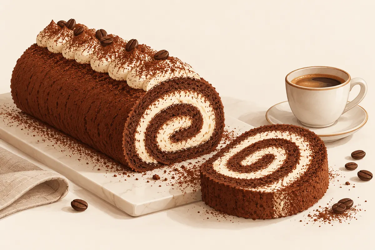 Rolada tiramisu oprószona kakao i plaster z widoczną spiralą kremu mascarpone.