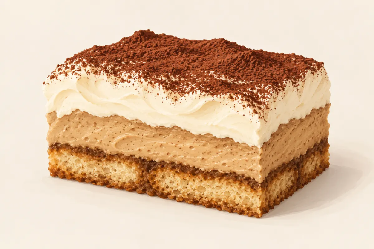 Kawałek sernika tiramisu z biszkoptowym spodem i kremem mascarpone posypanym kakao