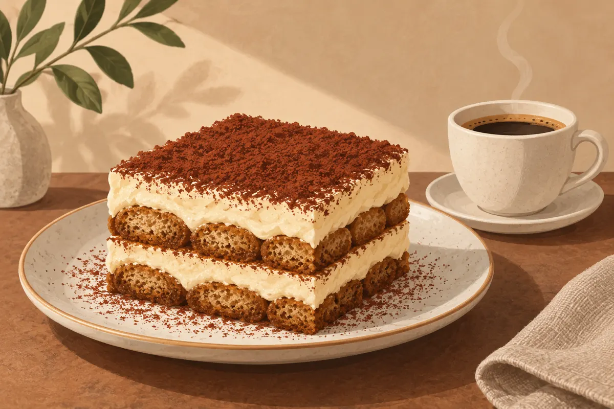 Porcja tiramisu bez alkoholu z kawowymi biszkoptami, kremem mascarpone i kakao.