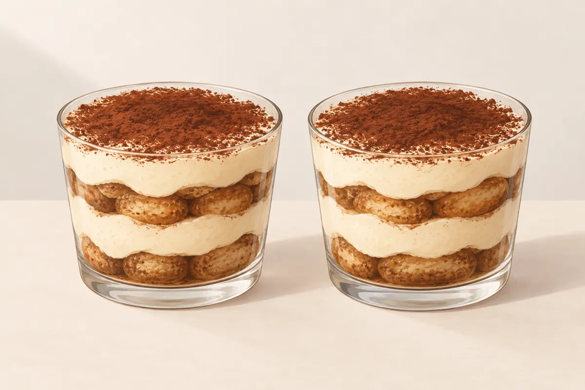 Dwa pucharki tiramisu z warstwami biszkoptów, kremu mascarpone i kakao.