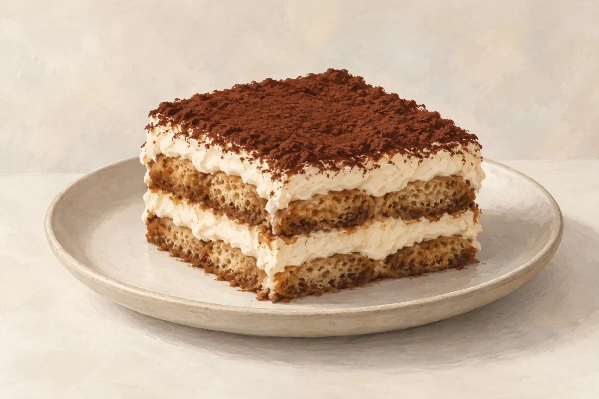 Ilustracja porcji tiramisu bez mascarpone z jasnym kremem, biszkoptami i kakao