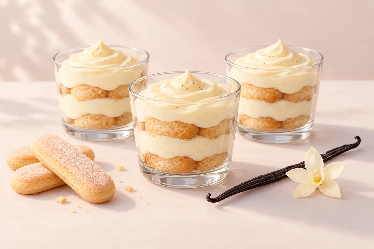 Małe pucharki tiramisu z waniliowym kremem i biszkoptami nasączonymi mlekiem.