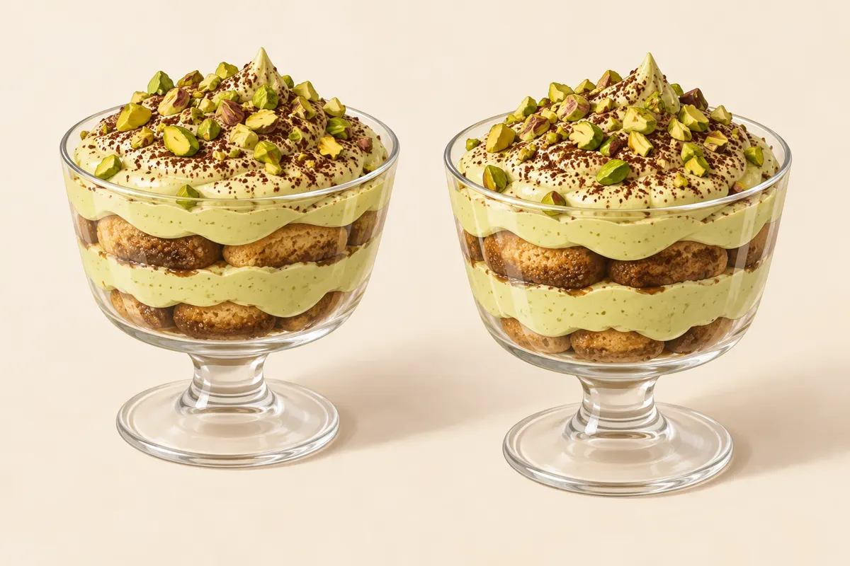 Tiramisu pistacjowe w pucharkach z kawowymi biszkoptami i posiekanymi pistacjami