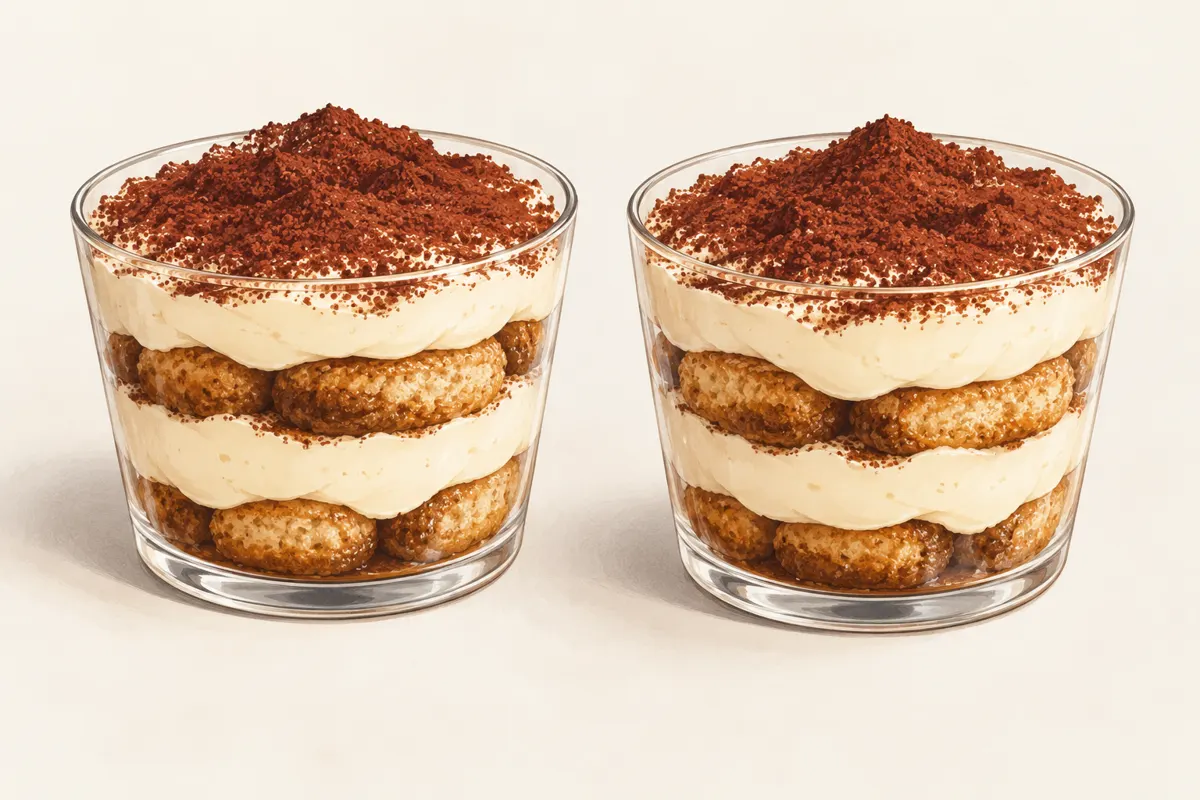 Tiramisu w pucharkach z warstwami kawowych biszkoptów, kremu mascarpone i kakao.