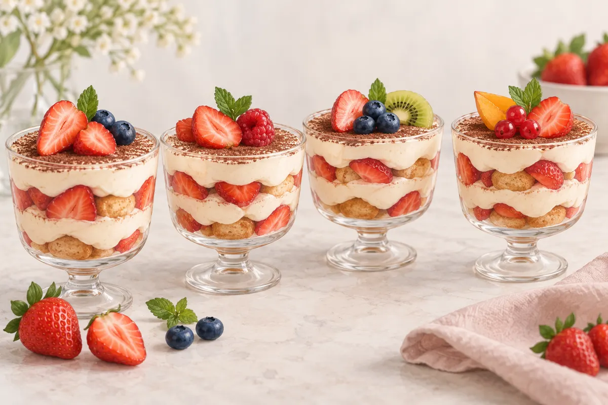 Tiramisu truskawkowe w czterech pucharkach z kremem mascarpone i biszkoptami.